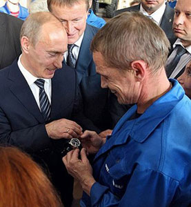Vladimir Putin Makes a Presidential Present of Swiss Watch to a factory worker
